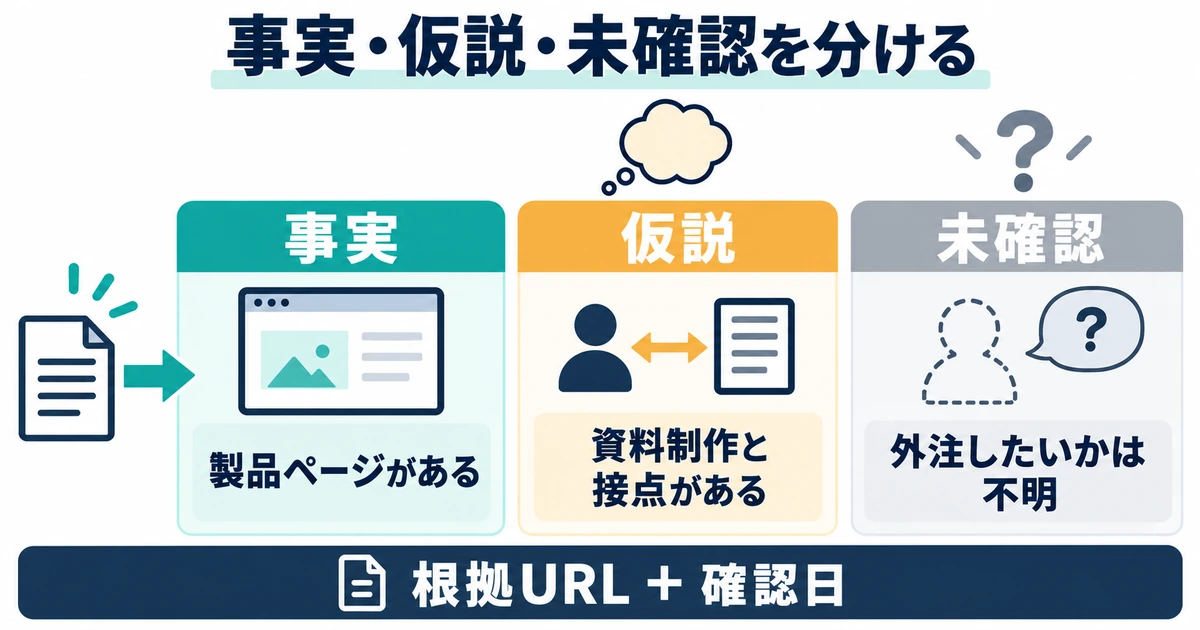 確認した事実、提供内容との接点という仮説、未確認の事項を分けて根拠URLと確認日を残す