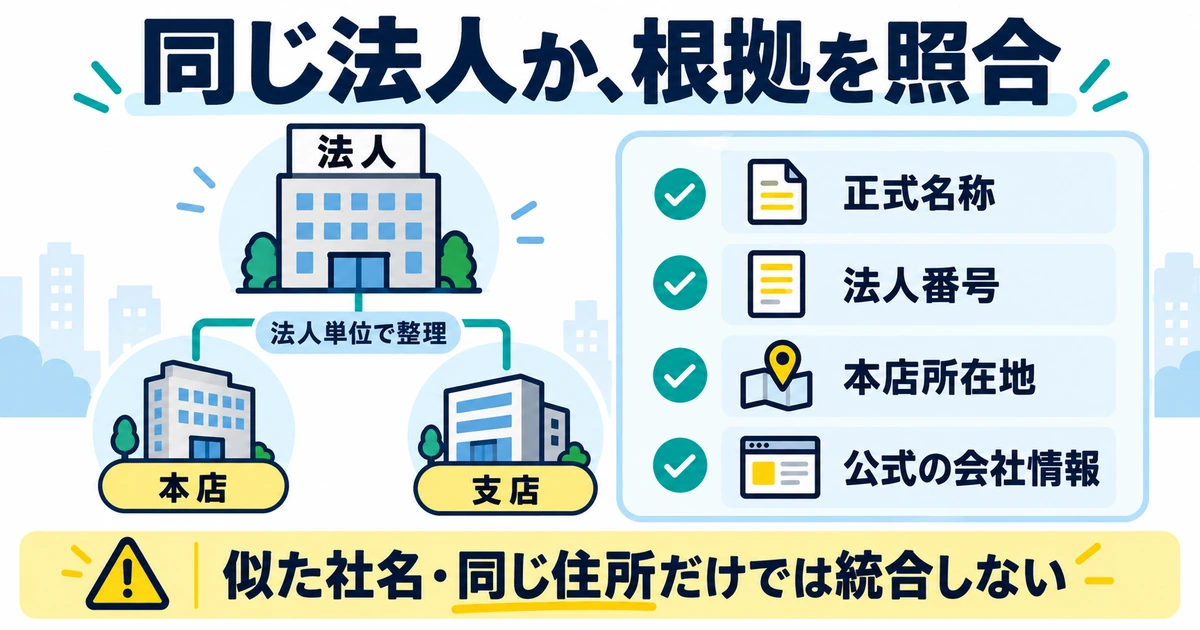 正式名称、法人番号、本店所在地、公式の会社情報を対応させ、本店と支店の重複を確認する
