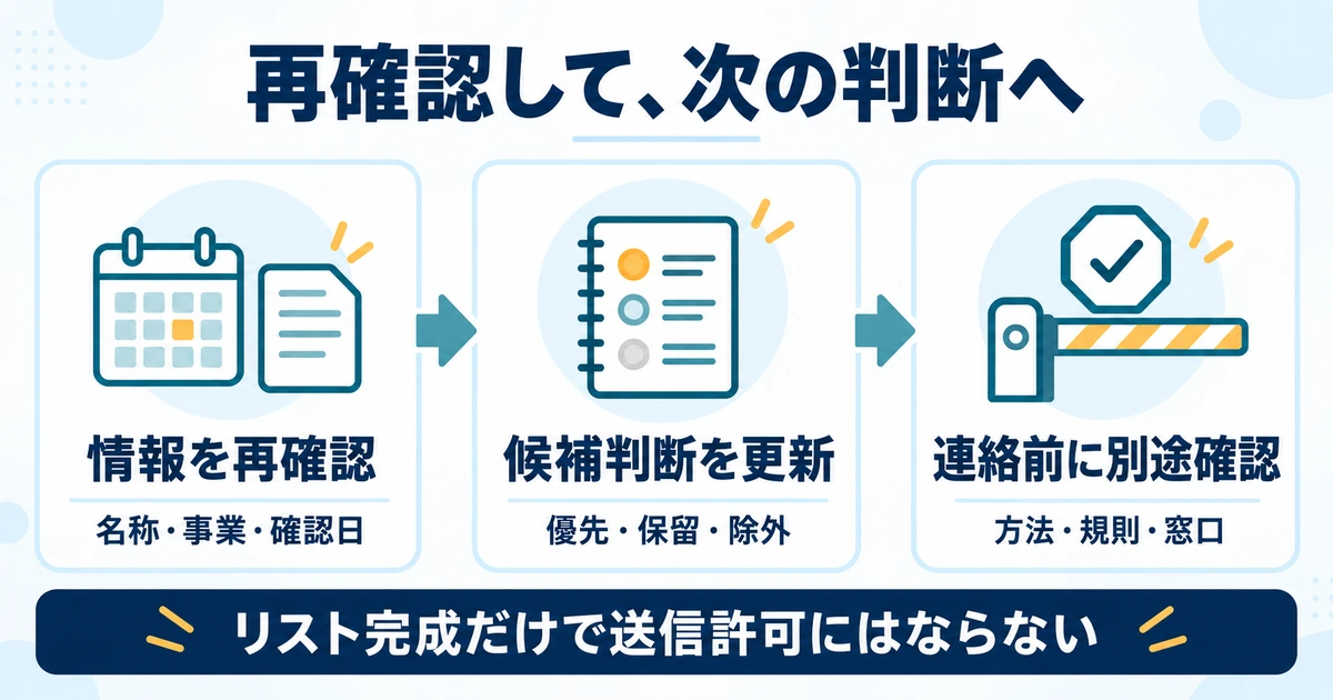 名称・事業・確認日を再確認し、候補判断を更新した後、連絡方法や窓口の規則を別途確認する