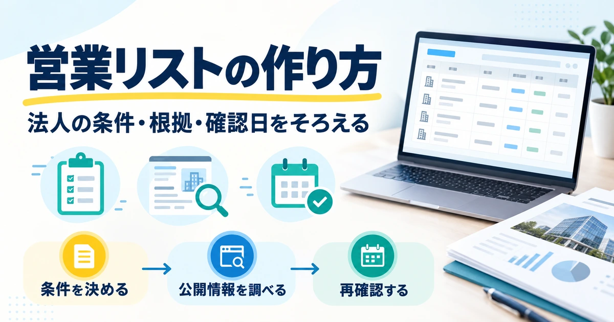 営業リストの候補条件を決め、法人の公開情報を調べて根拠と確認日をそろえる流れ
