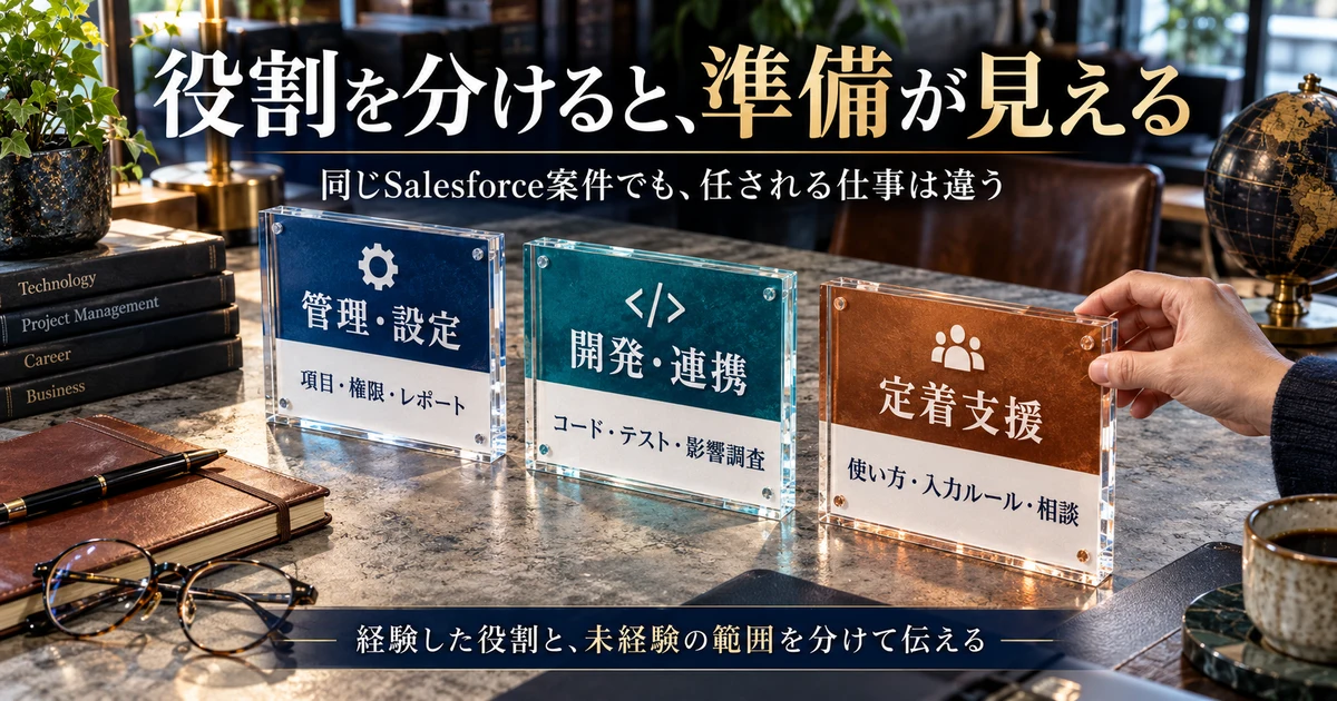 管理・設定、開発・連携、定着支援の仕事内容を並列で比べる説明用生成画像
