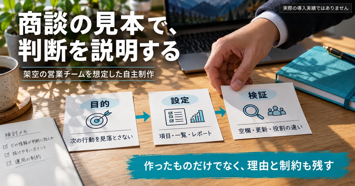 架空の商談管理を題材に目的・設定・検証の順で自主制作を説明する生成画像
