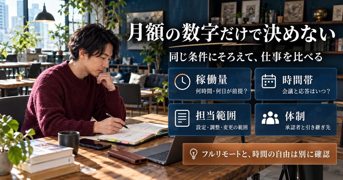 月額だけでなく稼働量、時間帯、担当範囲、体制を照合する説明用生成画像
