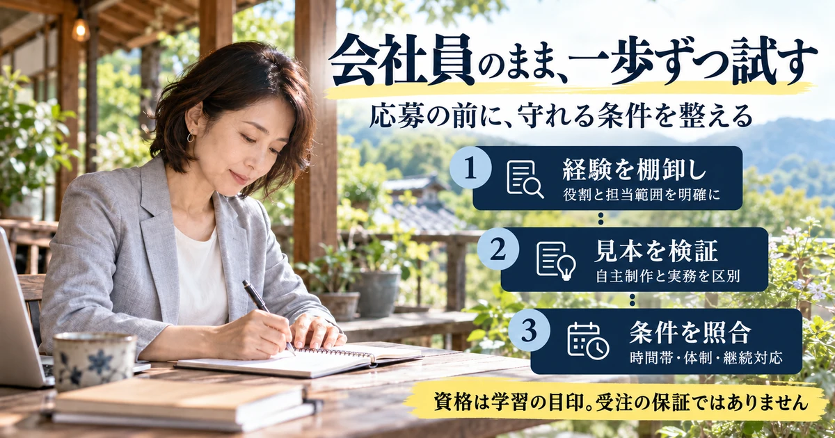 会社員のまま経験を棚卸しし、見本を検証して応募条件を照合する説明用生成画像
