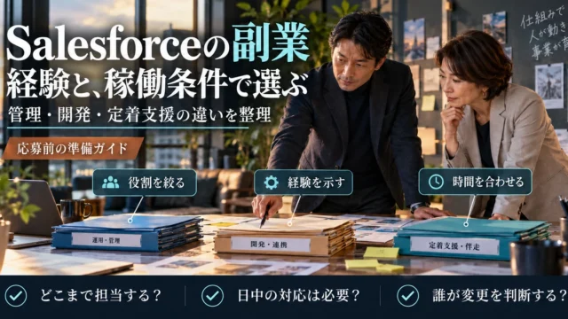 Salesforce副業で役割、経験、対応時間を整理し、担当範囲と変更判断者を確認する説明用生成画像