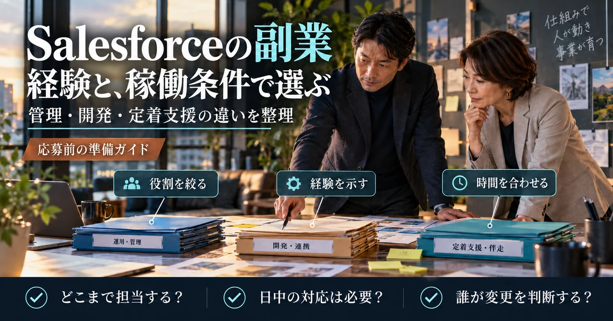 Salesforce副業で役割、経験、対応時間を整理し、担当範囲と変更判断者を確認する説明用生成画像