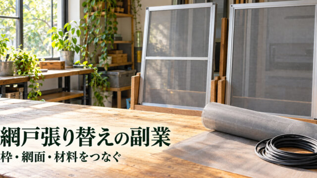 網戸枠と網ロールがある明るい架空の作業所に、網戸張り替えの副業という見出しを入れた表紙