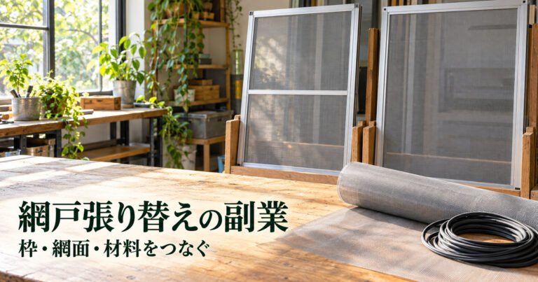 網戸枠と網ロールがある明るい架空の作業所に、網戸張り替えの副業という見出しを入れた表紙