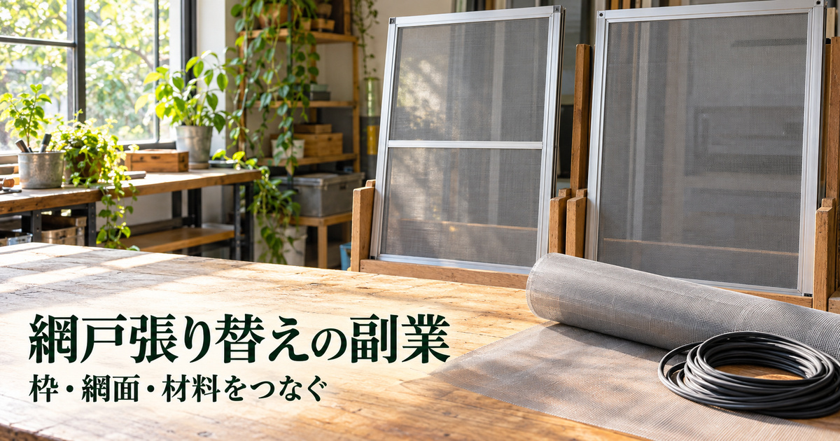 網戸枠と網ロールがある明るい架空の作業所に、網戸張り替えの副業という見出しを入れた表紙
