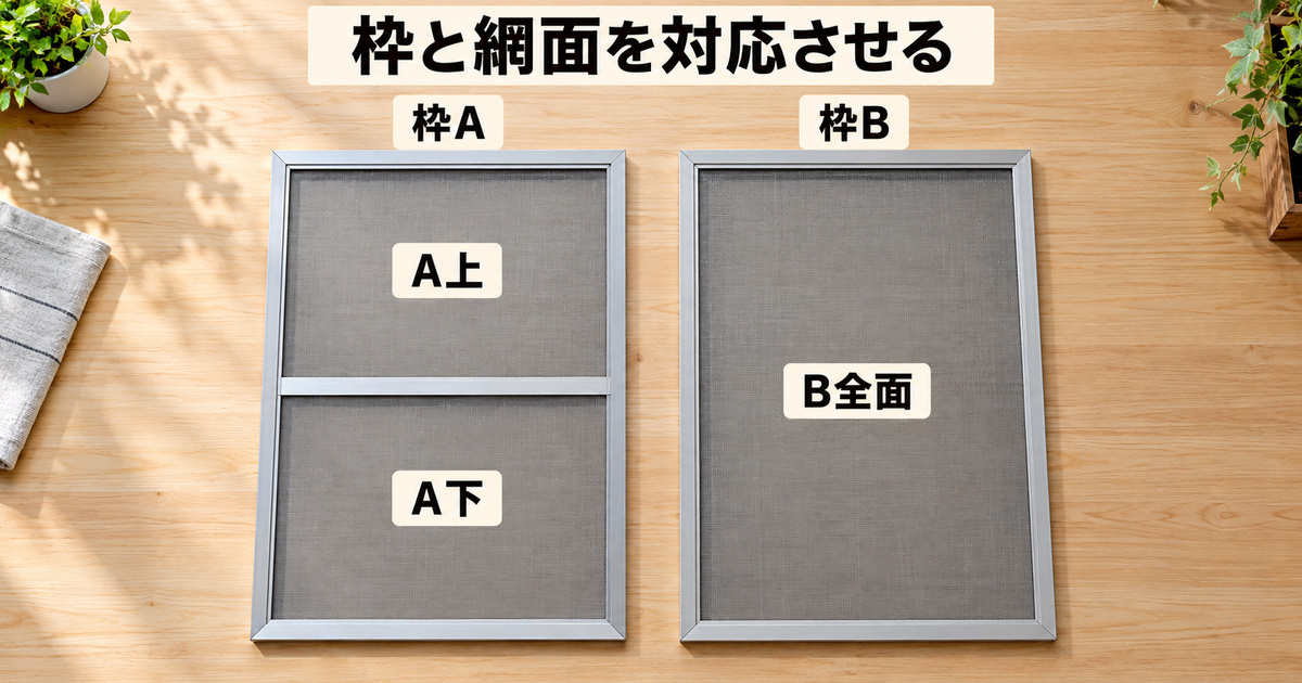 中桟のある枠Aの上下面と、中桟のない枠Bの全面を日本語ラベルで区別した架空の対応図