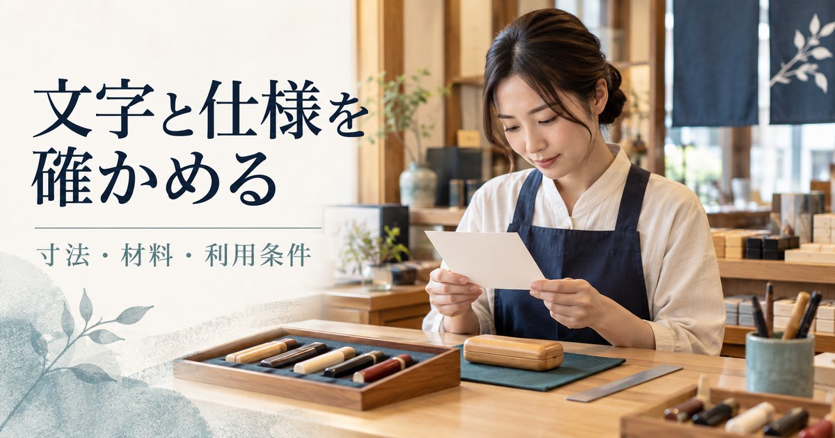 文字や寸法、商品の使用条件を確認する架空の店主