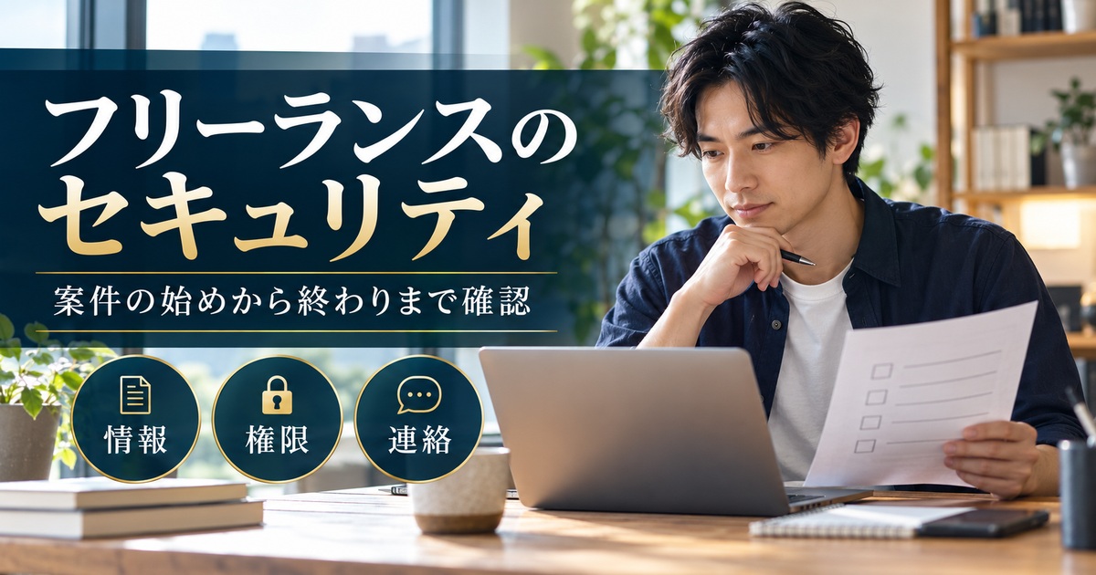 フリーランスのセキュリティを、案件の始めから終わりまで情報・権限・連絡に分けて確認する。