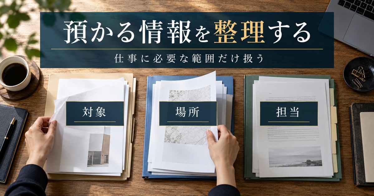 預かる情報を対象・場所・担当に分け、仕事に必要な範囲だけ扱う。