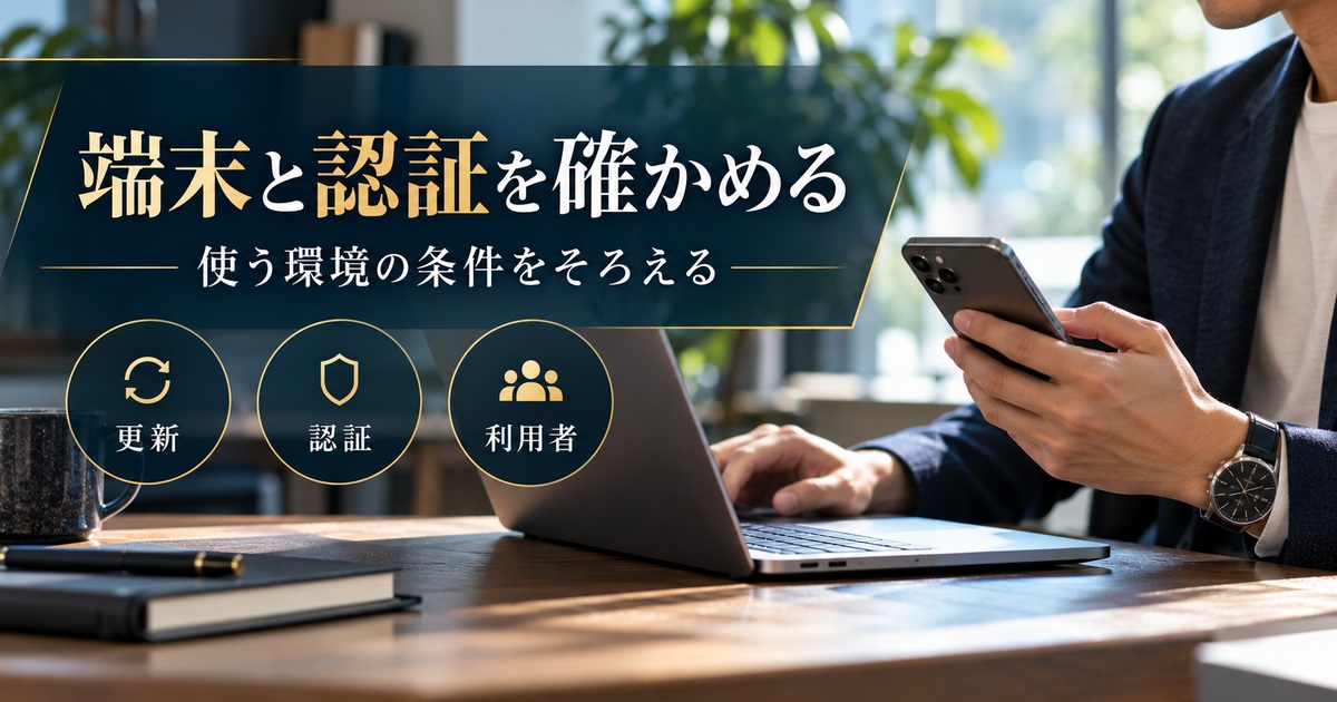 端末と認証を確かめ、更新・認証・利用者の条件をそろえる。