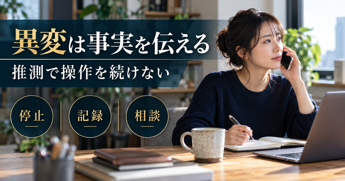 異変が起きたら推測で操作を続けず、停止・記録・相談を整理して事実を伝える。