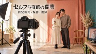 固定カメラの向こうで二人の成人がセルフ撮影する、セルフ写真館の開業を示す説明用イメージ