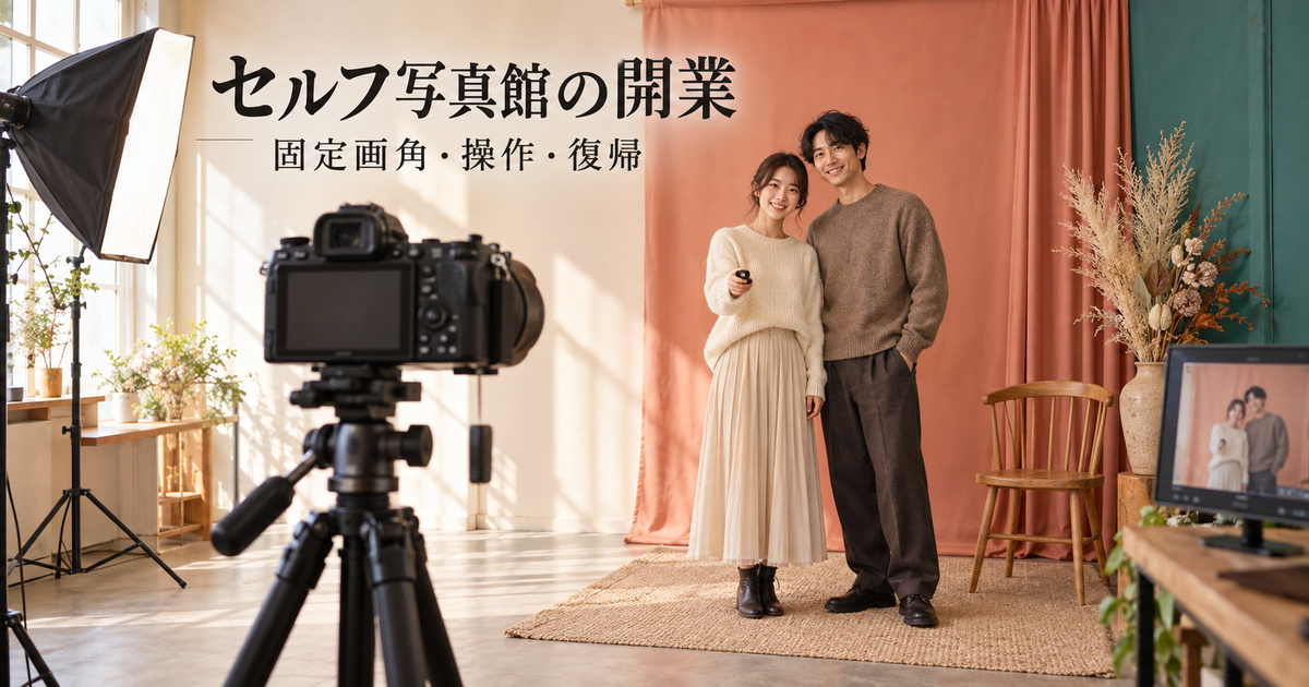 固定カメラの向こうで二人の成人がセルフ撮影する、セルフ写真館の開業を示す説明用イメージ