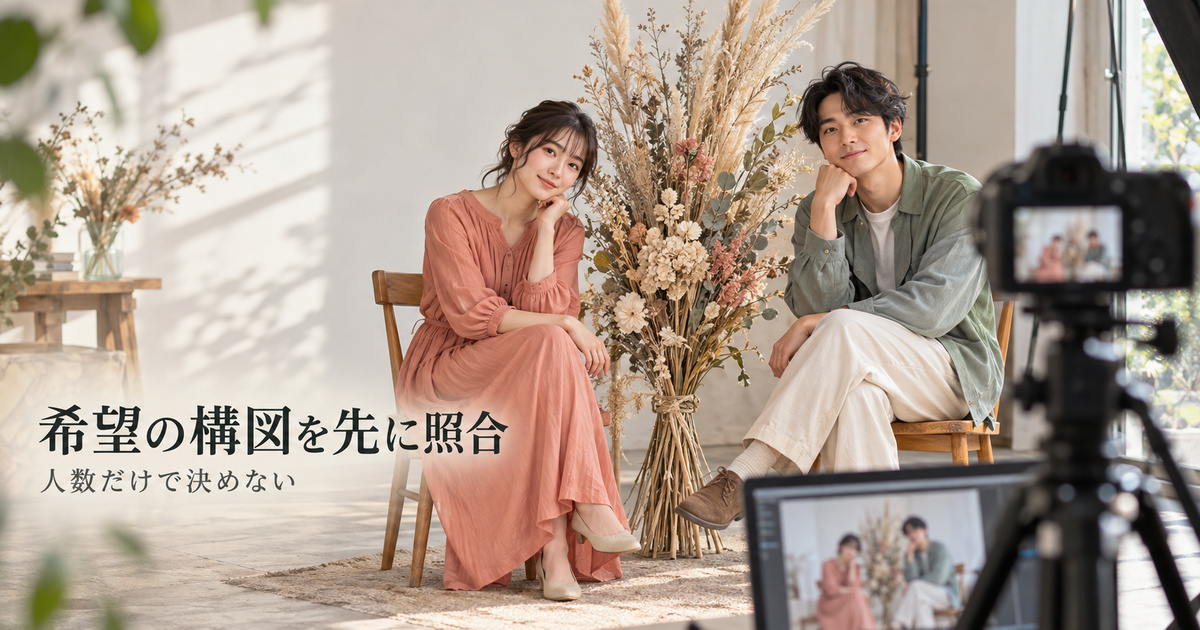 椅子に座る二人と縦長の持込み小物を固定カメラ側から見る、構図相談の説明用イメージ