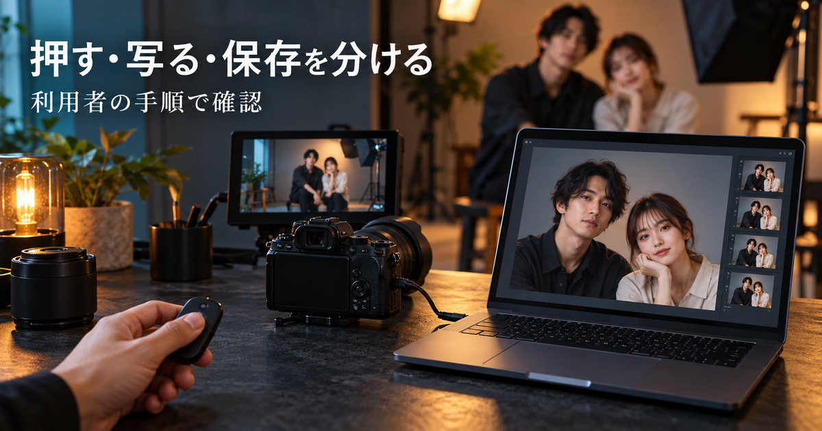 シャッター操作と確認画面と保存された写真を別に見る、セルフ撮影の手順の説明用イメージ