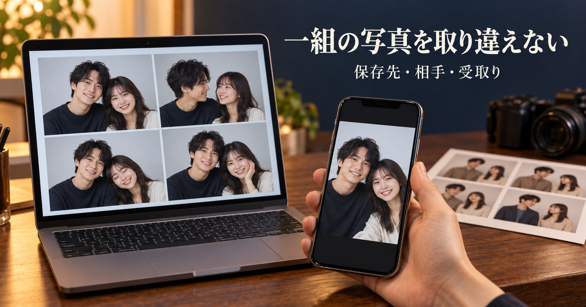 同じ二人の写真があるノートPCと受取用スマートフォンを対応させた、組ごとのデータ受渡しの説明用イメージ