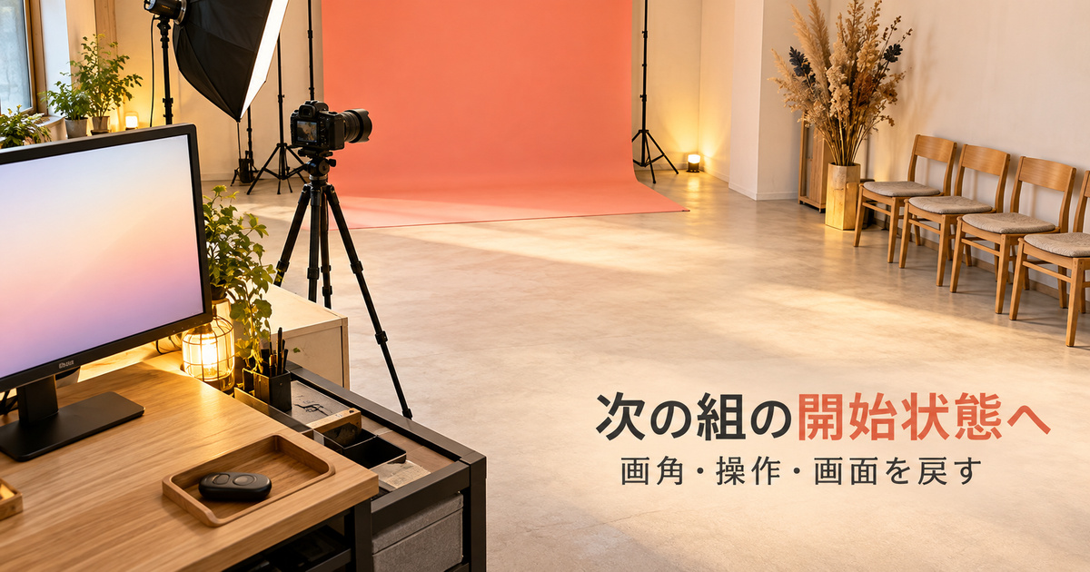 固定カメラと返却されたシャッターと待機画面をそろえた、次の組への撮影準備の説明用イメージ