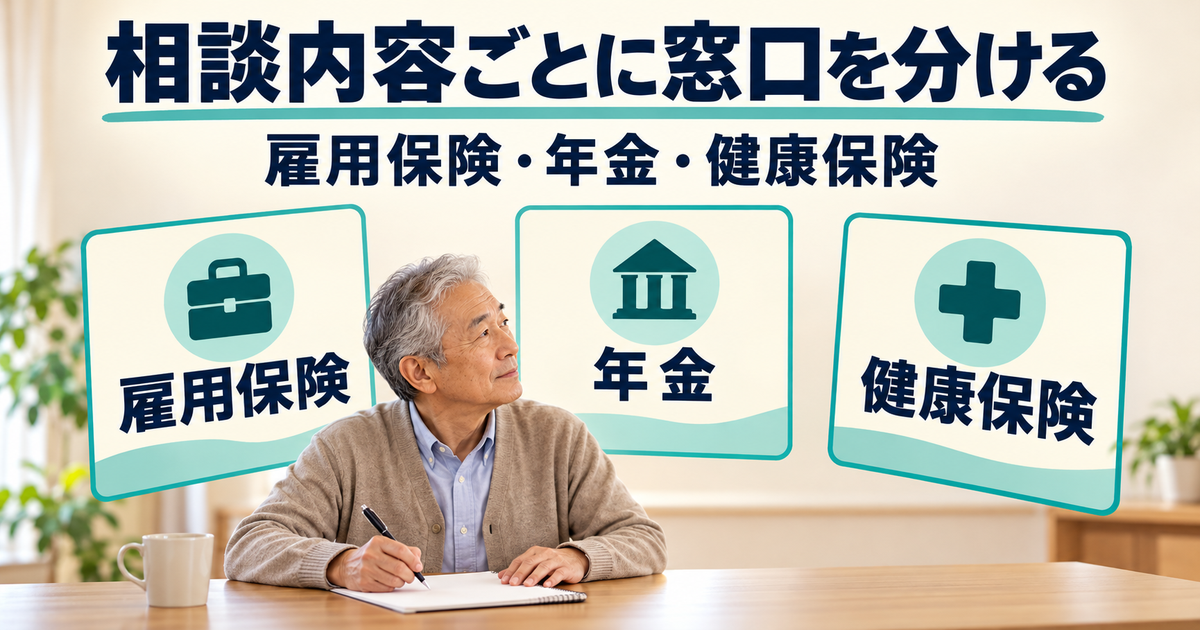 雇用保険・年金・健康保険の質問を相談先別に整理するイメージ