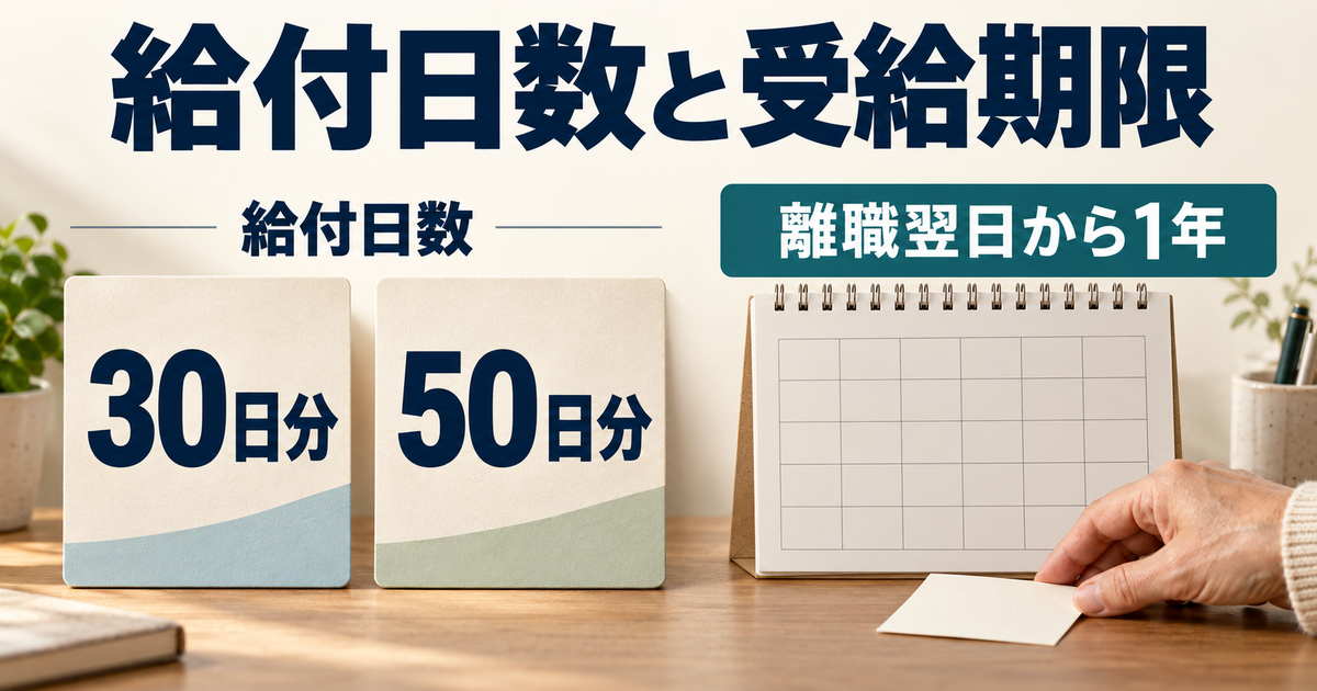 30日分・50日分の給付日数と離職翌日から1年の期限を分けて確認するイメージ