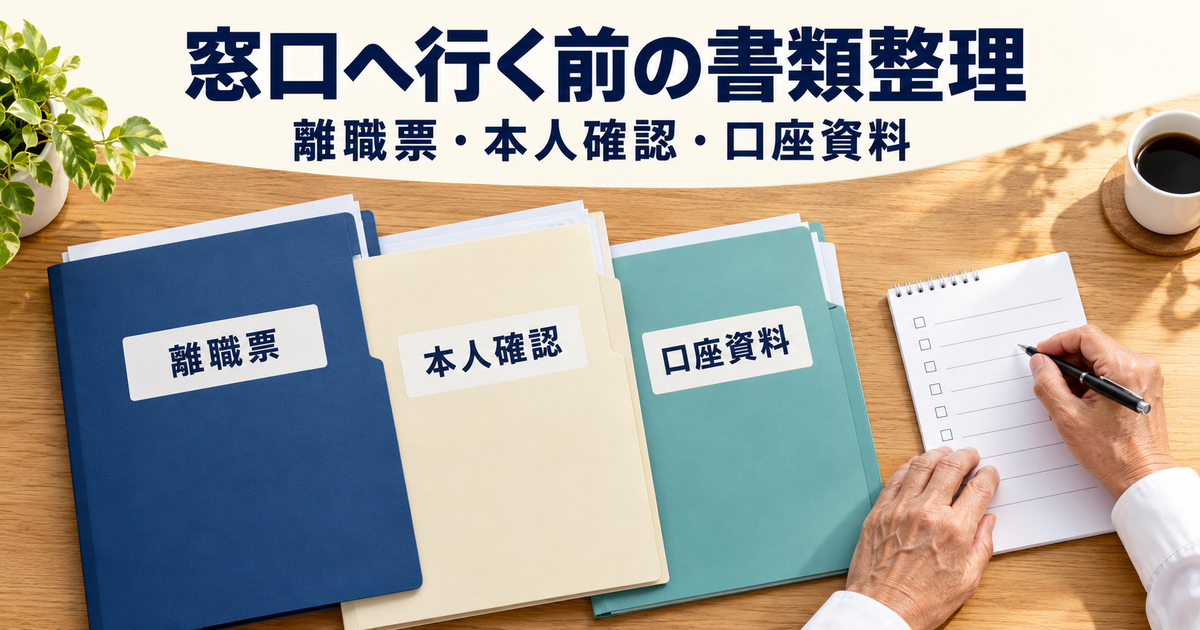 離職票・本人確認書類・振込口座の資料をそろえるイメージ