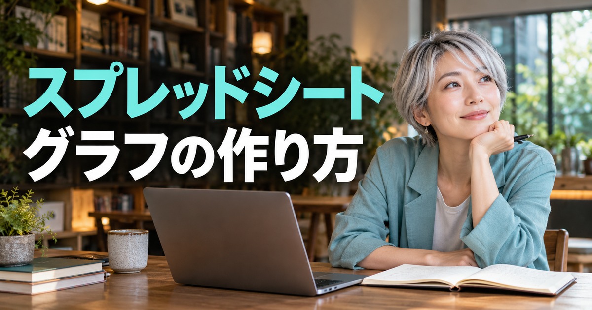 スプレッドシート、グラフの作り方という見出しを添えた学習記録を確認する人物のイメージ