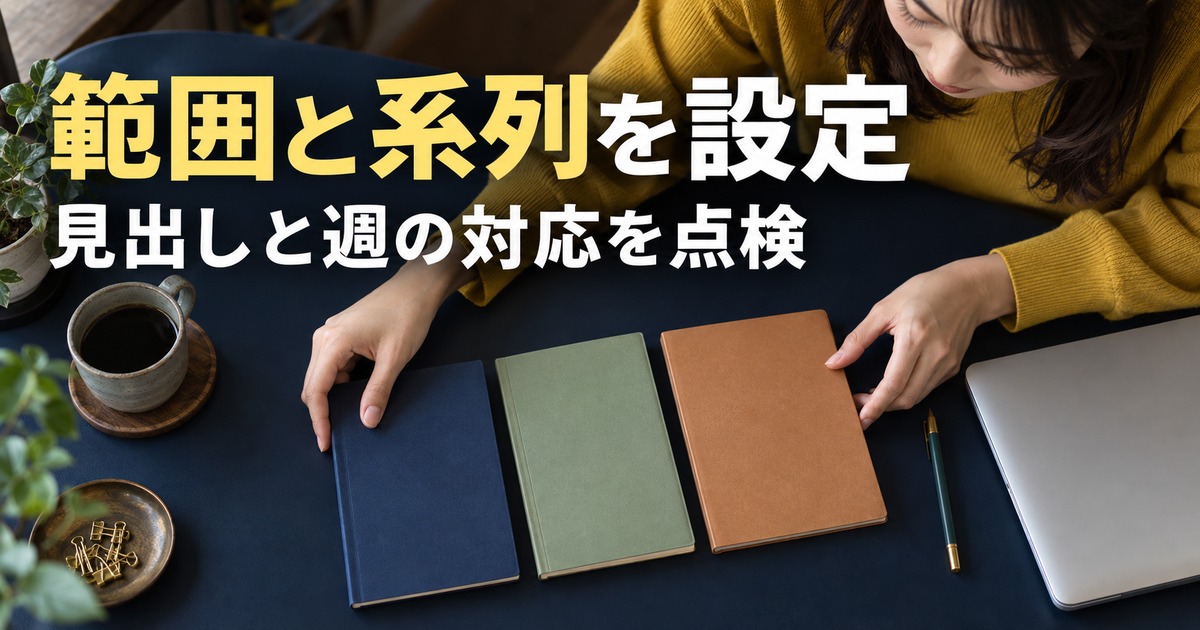 範囲と系列を設定、見出しと週の対応を点検という見出しを添えた学習記録を確認する人物のイメージ