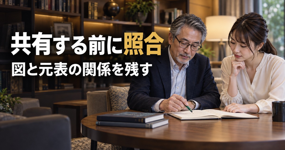 共有する前に照合、図と元表の関係を残すという見出しを添えた学習記録を確認する人物のイメージ