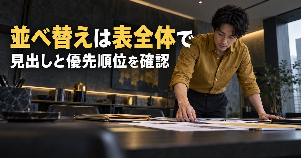 並べ替えは表全体で:フィルタ条件と表の範囲を確認する生成イメージ