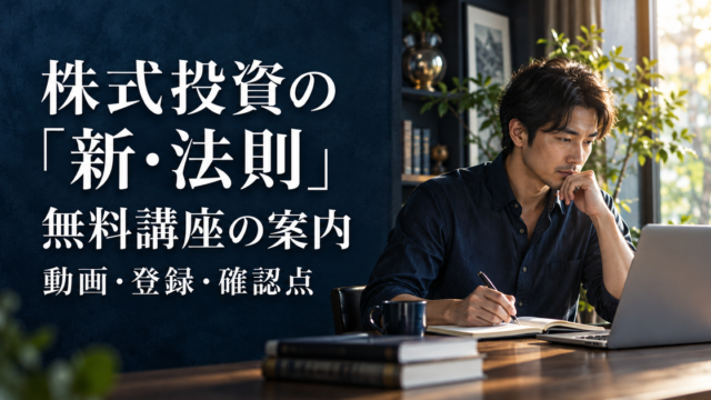 成人がパソコンとメモを見ながら、株式投資の無料講座の案内を確認するイメージ