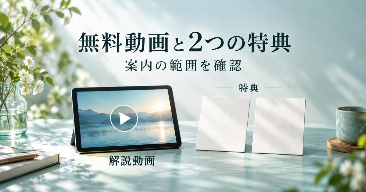 解説動画を示すタブレットと二つの特典を示すカードを並べた案内のイメージ