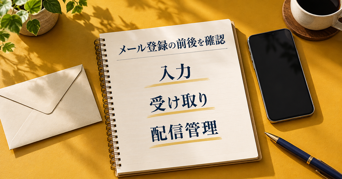 メール登録の入力内容、受け取り、配信管理の確認項目をノートに整理したイメージ