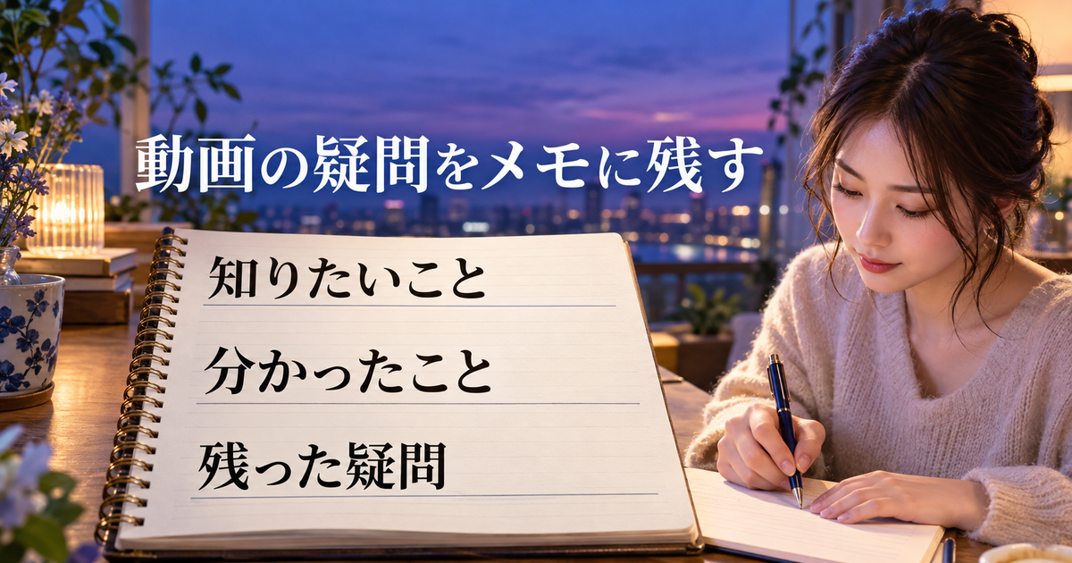 知りたいこと、分かったこと、残った疑問の三つに分けて視聴メモを作るイメージ