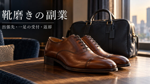 革靴の一組と出張用の道具入れを主役に、靴磨き副業の出張準備を表す架空の表紙