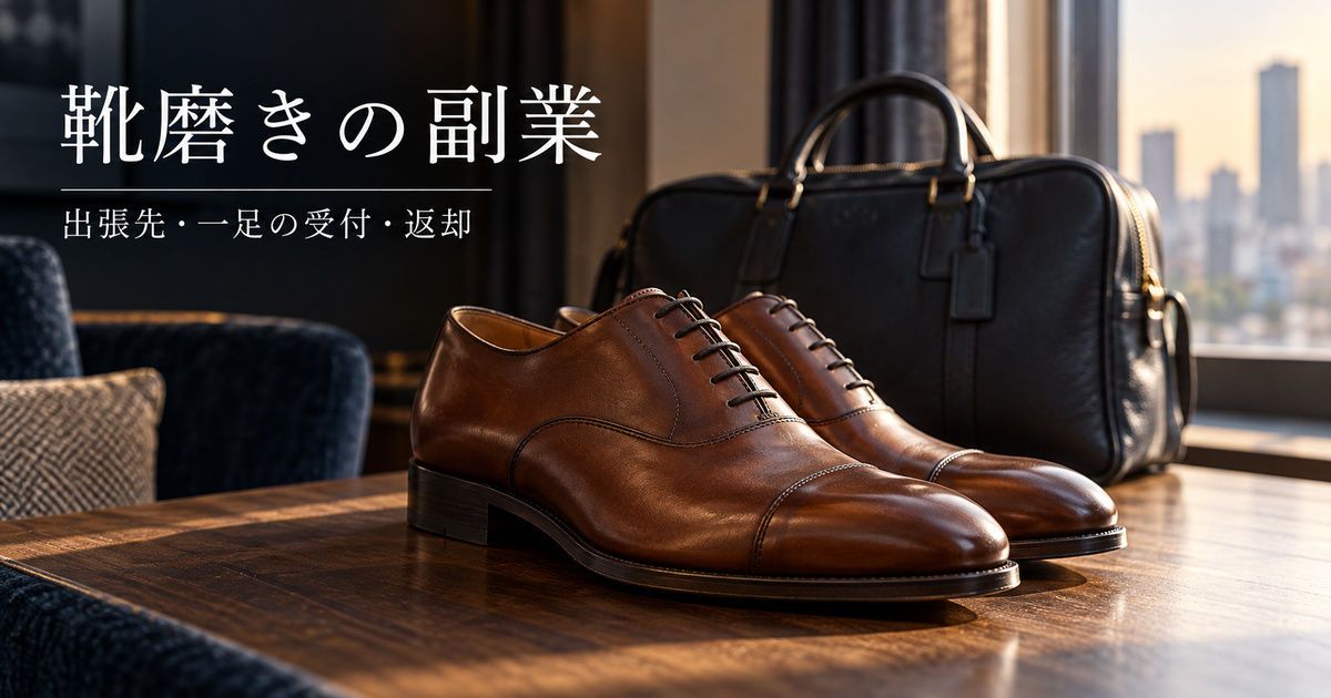革靴の一組と出張用の道具入れを主役に、靴磨き副業の出張準備を表す架空の表紙