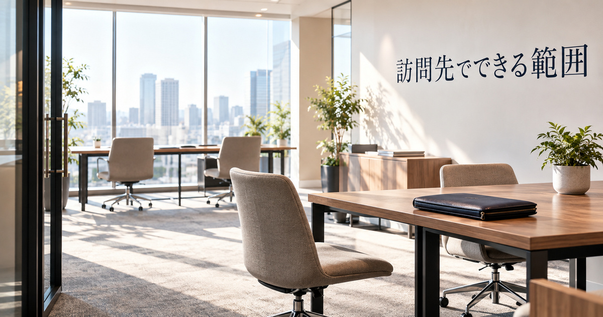 承諾された訪問先を想定し、無人の作業机と閉じた道具入れを確認する架空の場面