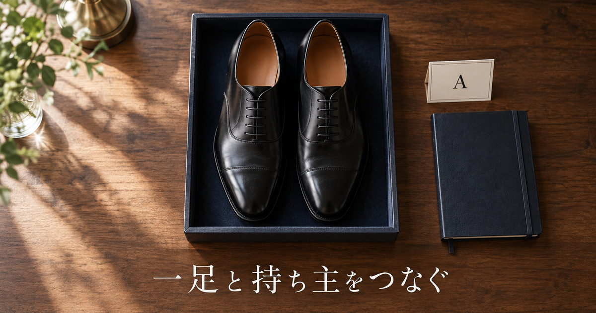 一組の左右の革靴を独立したトレーに置き、その横の受付番号カードと対応させる架空の管理場面