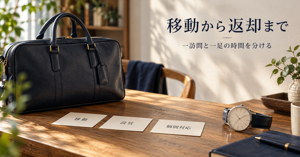 出張用の閉じたバッグと時計、個別対応を区別するカードで一訪問の時間を考える架空の場面