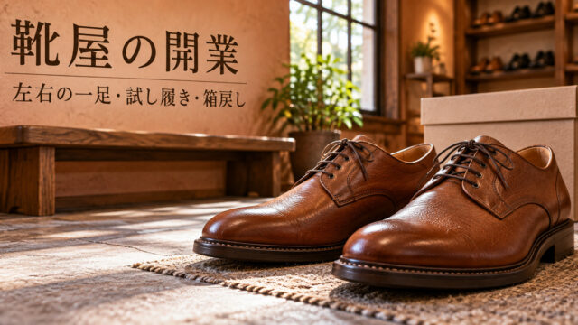 新品の左右一組の靴と箱から、店頭販売の準備を表す架空の生成イメージ