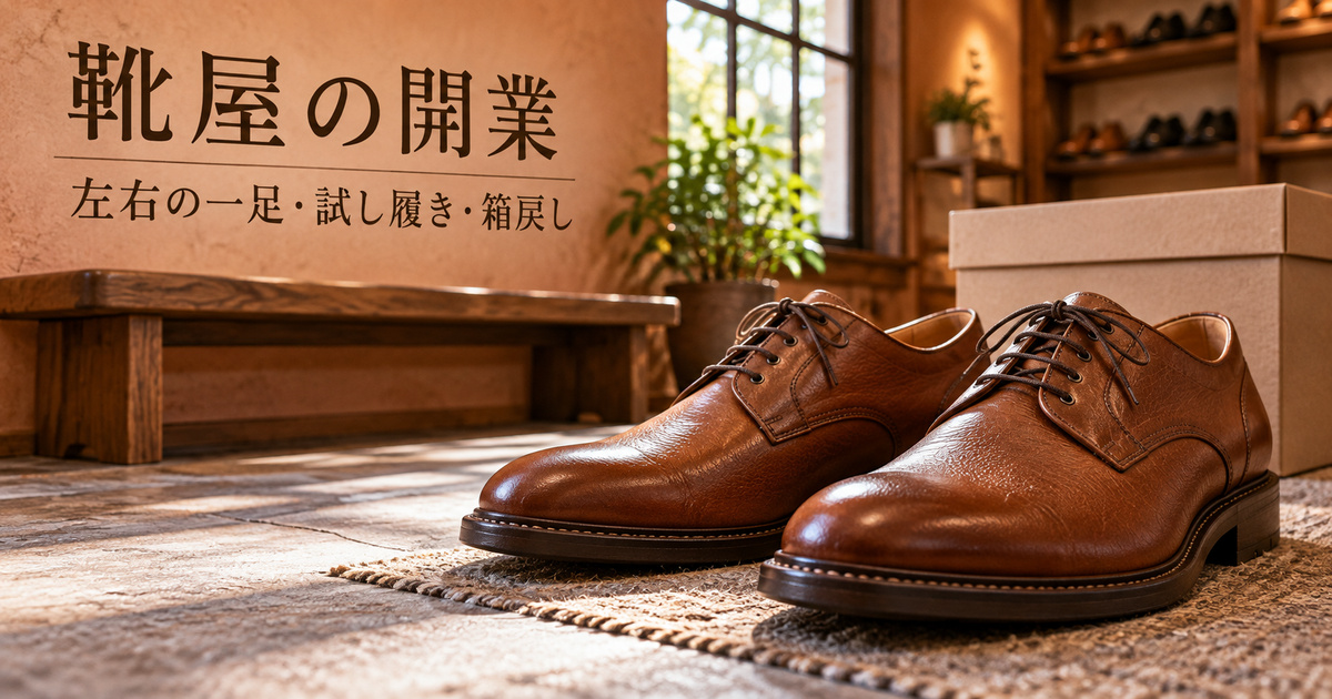 新品の左右一組の靴と箱から、店頭販売の準備を表す架空の生成イメージ