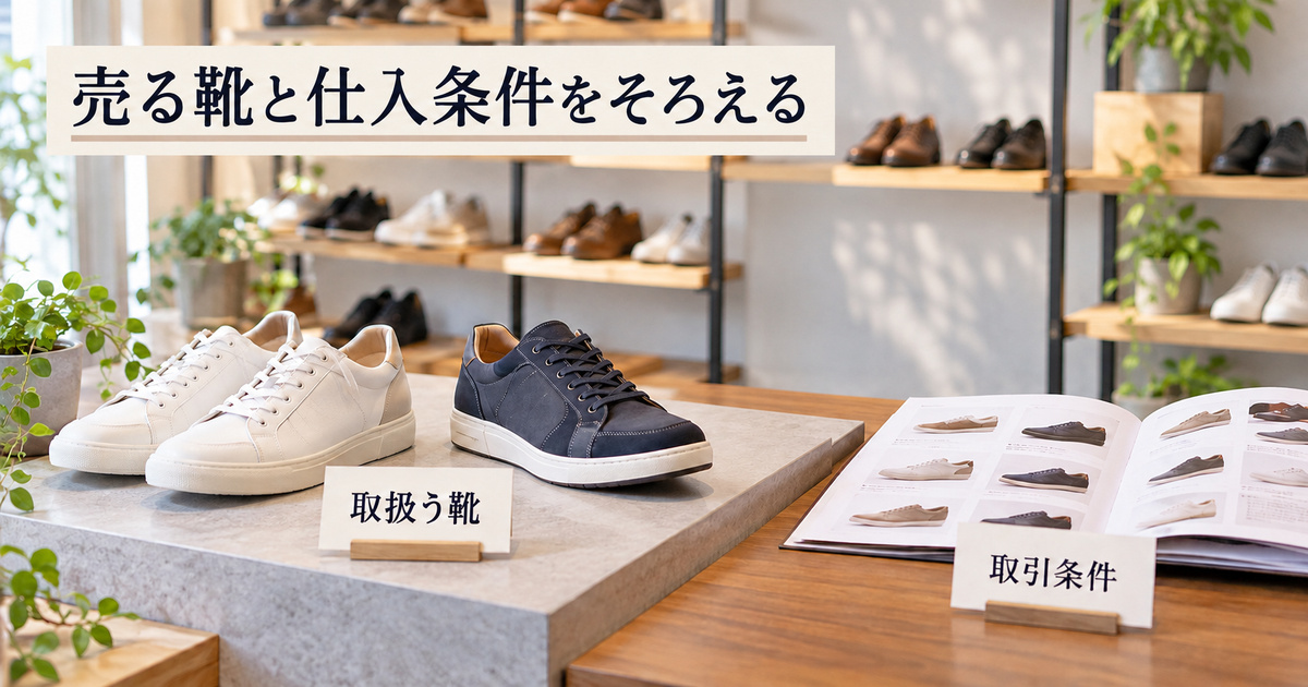 扱う完成靴と仕入先の条件を対応させる、架空の開店準備イメージ