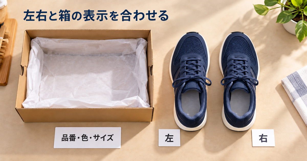 入荷した左右の靴と箱を合わせ、表示を照合する架空の生成イメージ