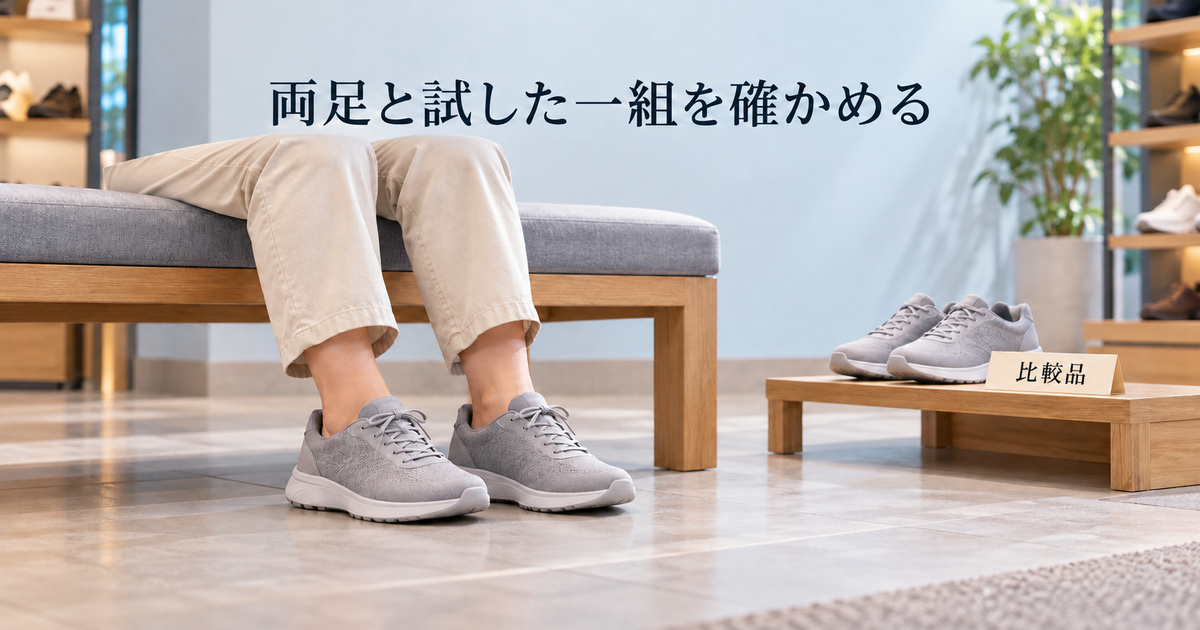 両足で試す一組と比較用の商品を分ける、架空の店頭イメージ