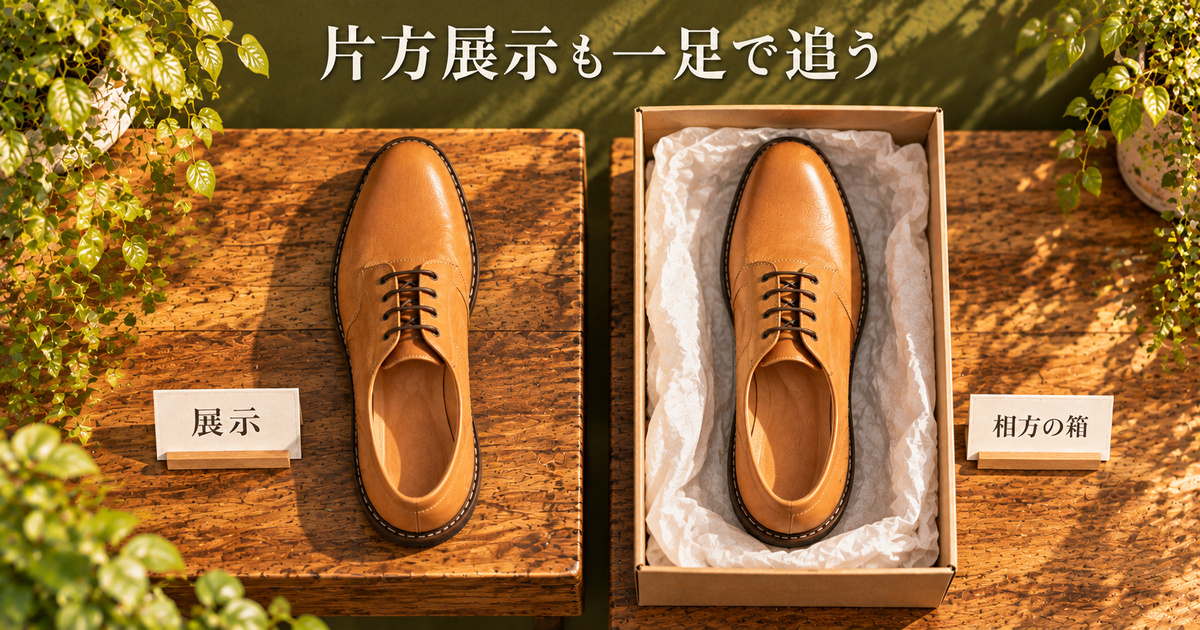 展示した片方と、箱の中の相方を同じ一足へつなぐ架空の生成イメージ