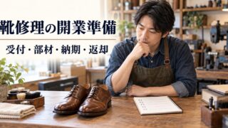 革靴と受付票を前に靴修理店の開業準備を考える架空の場面