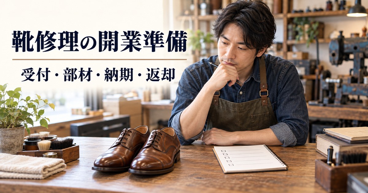革靴と受付票を前に靴修理店の開業準備を考える架空の場面