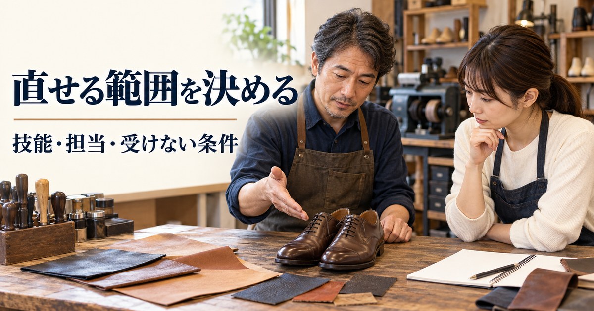 指導者と靴の状態や担当できる工程を相談する架空の学習場面